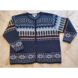 Vintage KOBE Cardigan Sweater Nordic Trees Snowflake Women's 2XL Cottagecore